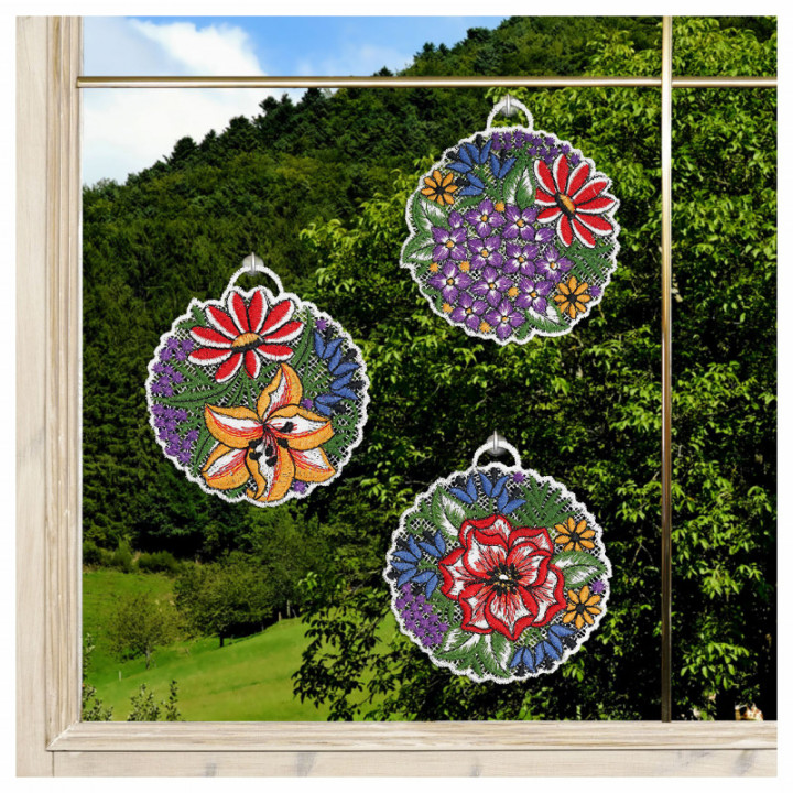 Fensterbilder 3er Set Blütenbälle rot - Plauener Spitze Design-Studio-Drechsler