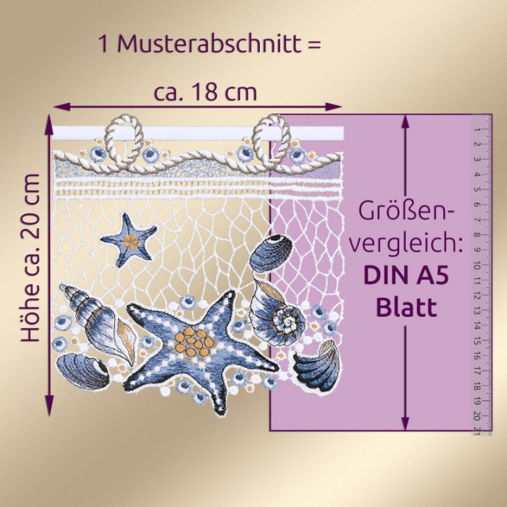 Feenhaus-Gardine Seesterne - Vogtländische Spitze blau