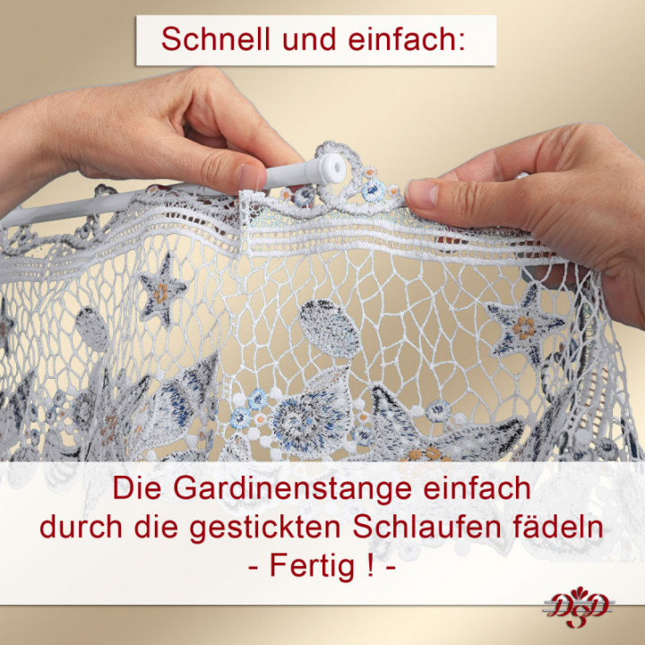 Feenhaus-Gardine Seesterne - Vogtländische Spitze blau