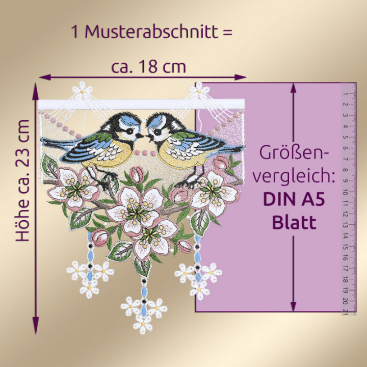 Feenhaus-Scheibengardine Vogelgezwitscher Plauener Spitze Frühling 23 cm hoch