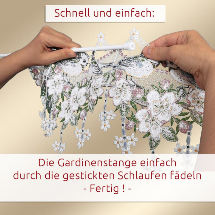 Feenhaus-Scheibengardine Vogelgezwitscher Plauener Spitze Frühling 23 cm hoch
