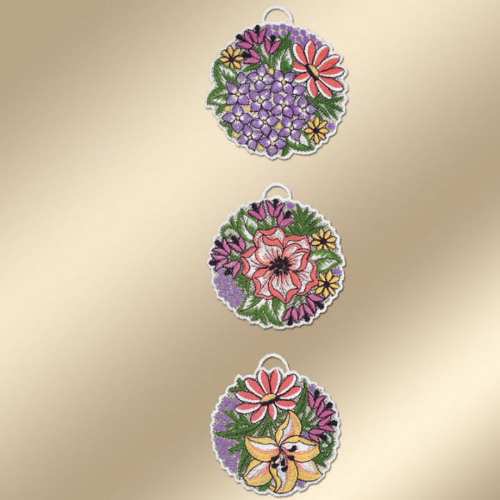 Blütenbälle Fensterbilder 3er Set Lachs - Plauener Spitze - DSD