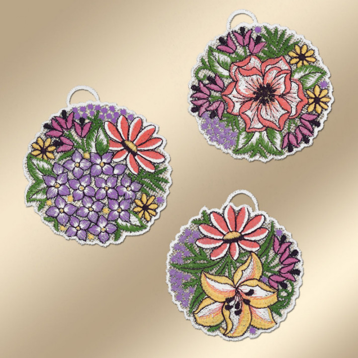 Blütenbälle Fensterbilder 3er Set Lachs - Plauener Spitze - DSD