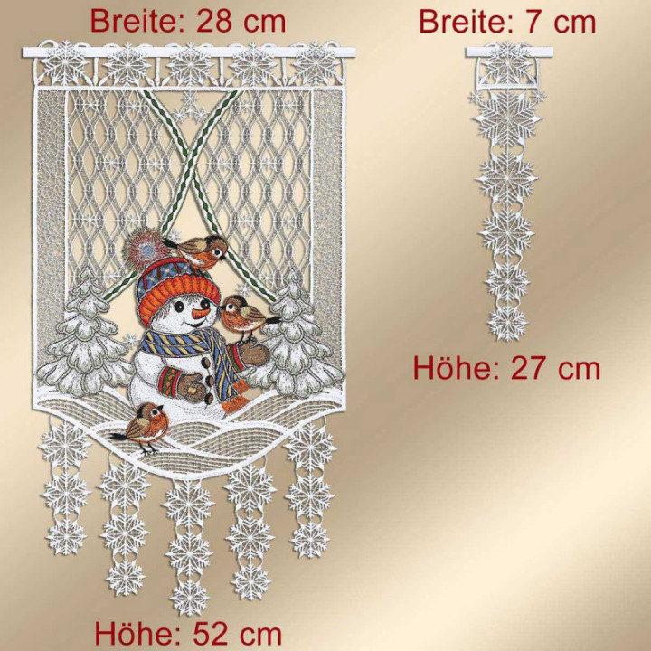 Scheibenhänger Fröhliche Winterzeit mit Schneemann Plauener Spitze